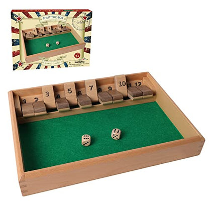 GOTHINK Shut The Box - Table Math Game with 12 Inch Wooden Board for Adults & Kids - 12 Spots Dice Game with 2+ Player Games, Includes 2 Dice, Ideal for Game Night, Travel, Classroom - (Ages 6+) - color: Brown - 12 Spots