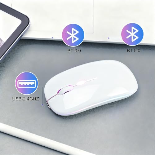 Wireless Bluetooth Mouse, Rechargeable Computer Mouse, White | Dual Mode - BT5.2 & 2.4G,Long Lasting,Silent RGB LED Mice,Slim Portable Mouse for Laptop,PC,Tablet,MacBook,iPad,Apple Devices - color: White