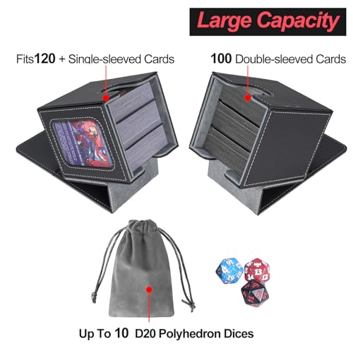 AFIING MTG Deck Box for Commander Display,Card Deck Box Fits 100 Double Sleeved Cards, Magic Commander TCG Card Storage Box with 2 Dividers,Drawstring Bag and 1 Toploader(Black/grey) - color: Commander Black Grey