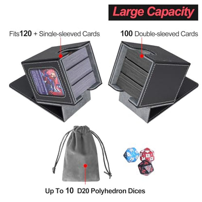 AFIING MTG Deck Box for Commander Display,Card Deck Box Fits 100 Double Sleeved Cards, Magic Commander TCG Card Storage Box with 2 Dividers,Drawstring Bag and 1 Toploader(Black/grey) - color: Commander Black Grey
