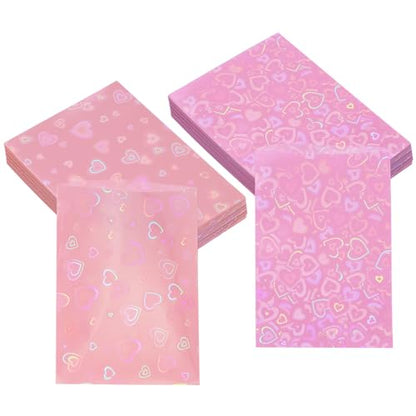 ONLYKXY 100pcs Soft Clear Plastic Heart Glitter Bag Storage Pouch Laser Sleeve Cover Pocket Holder Holographic Photo Protector Top Loader for 3in Trading Card Coin Jewelry (Hot Pink & Light Pink) - color: Hot Pink & Light Pink