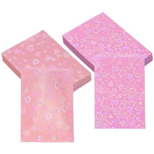 ONLYKXY 100pcs Soft Clear Plastic Heart Glitter Bag Storage Pouch Laser Sleeve Cover Pocket Holder Holographic Photo Protector Top Loader for 3in Trading Card Coin Jewelry (Hot Pink & Light Pink) - color: Hot Pink & Light Pink
