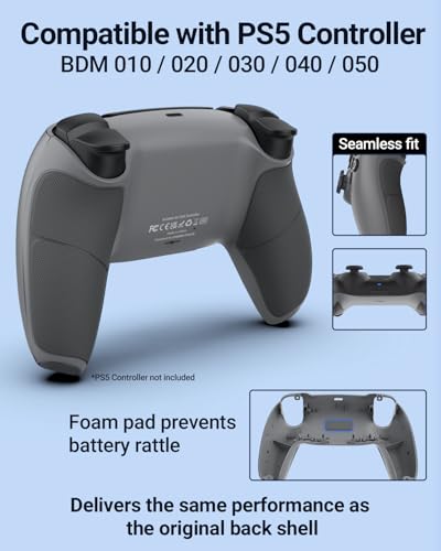 CHARM FOCUS Back Shell Grip Cover Compatible with PS5 Controller, Soft Rubber Overmold and Anti-Slip Diamond Texture, Seamless-Fit Replacement for PS5 Controller Shell, Gray - color: Gray
