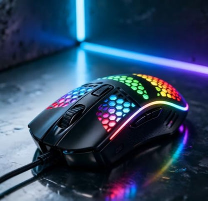【Lightweight Honeycomb Design】 Ergonomic Wired Gaming Mouse, 1600 DPI, 4 Buttons, RGB Rainbow LED Backlit, 1.3M USB Cable, Plug & Play for PC/MAC Gamers - color: Black, size: Professional Mouse