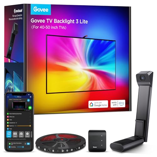 Govee TV Backlight 3 Lite, 7.8ft LED Strip Lights Sync with 40-50 Inch TVs | Upgraded Camera with Fish-Eye Correction Function, RGBICW Screen Sync Lighting, 4 Colors in 1 Lamp Bead, Voice & APP Control - size: 7.8FT for 40''-50'' TV