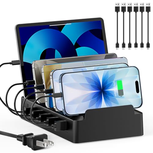 Charging Station for Multiple Devices, 6 Port USB Desktop Charger Dock Compatible with iPad, Samsung, Android, Tablet, Family Multi Phone Charging Organizer with Divider Holders, Fireproof ABS (Black)