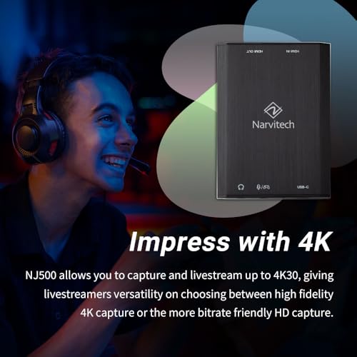 Narvitech NJ500 HDMI Capture Card – 4K60 HDR, 2K144, 1080P240 Passthrough, 4K30 Recording, Ultra-Low Latency, for PS5, Xbox Series X|S, Nintendo Switch 2, Quest 3, PC & Mac, OBS Streaming & Recording