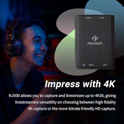 NJ300 HDMI Capture Card, 4K60 Passthrough, 1080P60 Recording, Plug & Play, Low Latency Streaming for Switch 2, PS5, Xbox, PC & Mac. Supports Party Chat Capture.