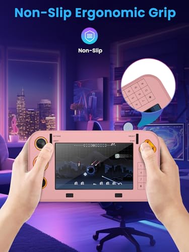 for My Arcade Atari Gamestation Go Silicone Grip Case With 2Pcs 6H PET Soft Film Screen Protector–Shockproof Non-Slip Full Protective Cover,Anti-Scratch Drop Protection Gaming Console Case,Pink