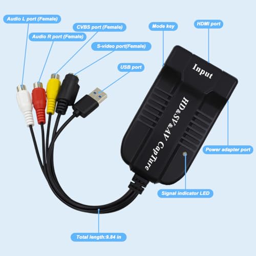 HDMI, AV, RCA, S-Video Video to USB 1080P Audio Video Capture Card Device, USB 2.0 Transfer Record Grabber,1080P HD 60fps Live Streaming Device for Gaming, Streaming,VCR, VHS, Camcorder, Video8,DVD