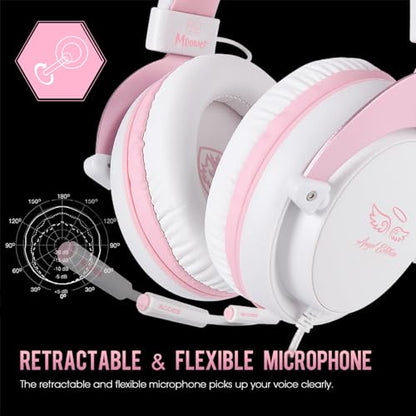 USOTSO MPOWER Stereo Gaming Headset for PS4, PC, Mobile, Noise Cancelling Over Ear Headphones with Retractable Flexible Mic & Soft Memory Earmuffs for Laptop Mac Games-Angel Edition