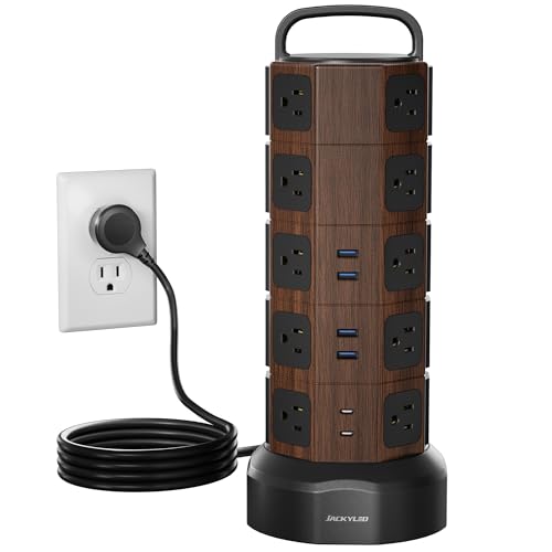 Power Strip Tower Surge Protector, 20 AC 6 USB (2 USB C), 1050J, 6.5Ft | Extension Cord with Multiple Outlets, 1625W/13A Outlet Extender, Power Tower, Charging Station for Home Office, School, Dorm - color: Walnut Black