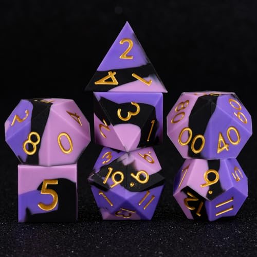 D&D Silicone Rubber Polyhedral Dice,Sharp Edges DND Dice Set 7pcs (D4, D6, D8, D10, D12, D20, D%) for Dungeons and Dragons, RPG, MTG for Ages 15 and Up - color: Pink Black Purple
