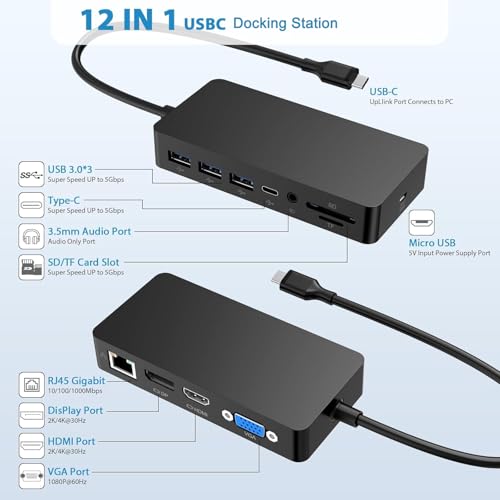 Ms USB C Dock Triple Display (4K DP+HDMI+VGA), 12 in 1 USB C Docking Station with Gigabit Ethernet, 4K HDMI VGA DP Display, 3xUSB 3.0, Audio Out, 100W PD, SD/TF Combo Dock
