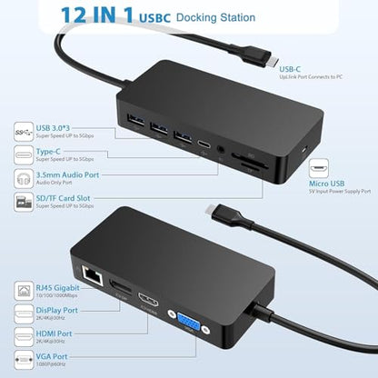 Ms USB C Dock Triple Display (4K DP+HDMI+VGA), 12 in 1 USB C Docking Station with Gigabit Ethernet, 4K HDMI VGA DP Display, 3xUSB 3.0, Audio Out, 100W PD, SD/TF Combo Dock