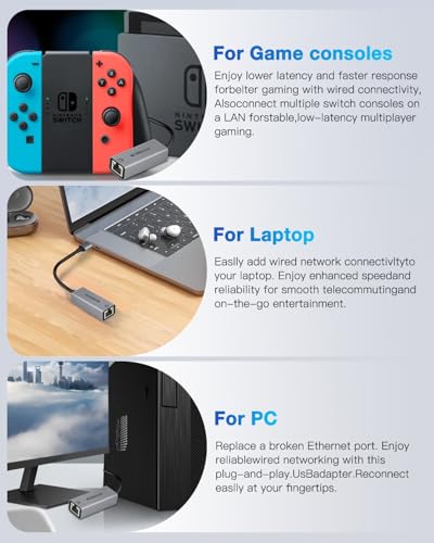 USB a to ethernet Adapter,USB gigabit 1000Mbps Plug and Play with USB 3.0, Driver Free, RJ45 LAN Network Dongle Compatible with Nintendo Switch, Laptop, PC, MacBook, Windows, macOS, Linux
