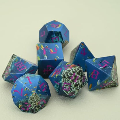 Ocean Theme 7-Piece Resin Dice Set - Polyhedral Dice with Coral & Fish Design for Tabletop RPG, Fantasy Gaming & Role-Playing Game Accessories(Ocean World) - style: Ocean World