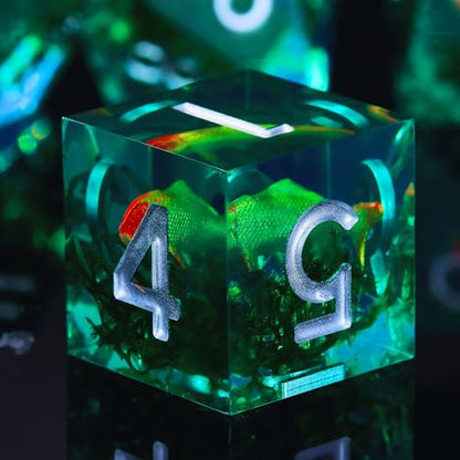 Moss and Koi Fish DND Dice Set - 7Pcs Sharp Edge Resin Polyhedral Game Dice for D&D RPG - Includes D20, D12, D10, D8, D6, D4 - Moss Agate Fish Design(Green) - color: Green