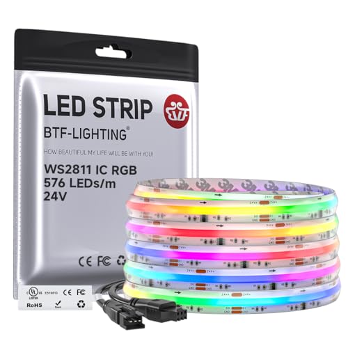 BTF-LIGHTING IP66 RGB WS2811 Smart IC FCOB COB LED Strip, UL Listed 576LEDs/m High Density Color Chasing Uniform Light, DC24V 24FT 10mm Width Tape Light for Home DIY Decor(No Adapter or Controller) - color: DC24V IP66, size: 24FT 576LED/m