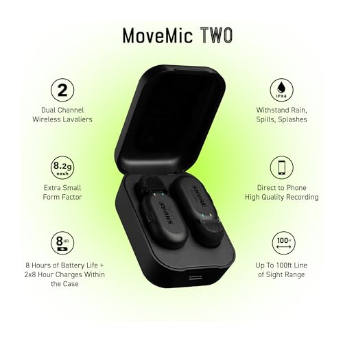 Shure MoveMic Two - Pro Direct to Phone Wireless Lavalier Microphones for iPhone & Android, 2 Bluetooth Mini Mics, 24 Hours Charge, Quick Set Up, IPX4, Compact & Portable Clip Lavs (MV-Two-Z7) - style: Two Channel