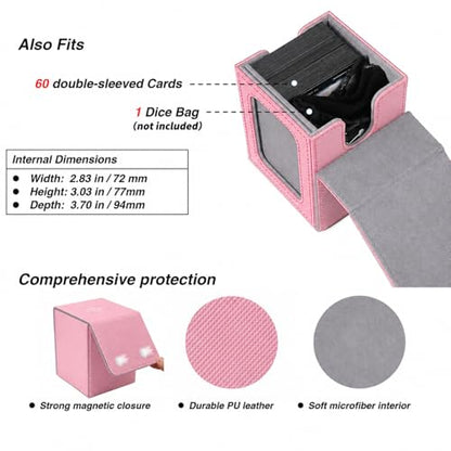 MTG Deck Box with Commander Display Window (Pink&Grey, 1 window) | Holds 120 Single/100 Double-Sleeved Cards, Fit MTG/PTCG/OPTCG Cards, Strong Magnet, PU Leather, With 2 Dividers & 1 Toploader - color: Pink and Grey