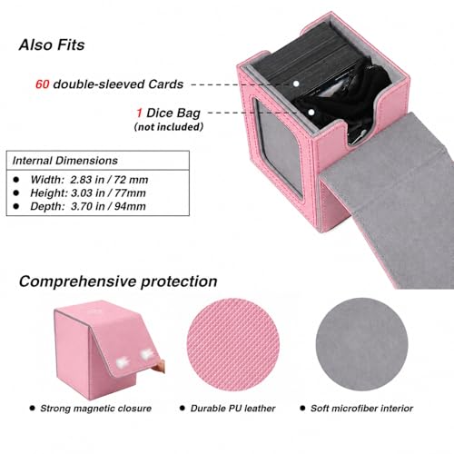 MTG Deck Box with Commander Display Window (Pink&Grey, 1 window) | Holds 120 Single/100 Double-Sleeved Cards, Fit MTG/PTCG/OPTCG Cards, Strong Magnet, PU Leather, With 2 Dividers & 1 Toploader - color: Pink and Grey
