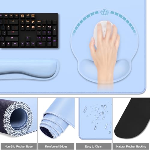 Dapesuom Large Gaming Mouse Pad, Mouse Pads with Wrist Rest Wrist Support, 4in1 Big XXL Desk Mat Desk Pad + Ergonomic MousePad + Memory Foam Keyboard Mat Wrist Rest + Coaster Set for Computer,Sky Blue - color: Sky Blue