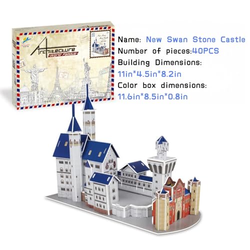 Architecture World Famous of 3D Puzzle.Build Your Own Collection of 17 Global Landmarks (Notre Dame, Colosseum) - Educational DIY Model Kit for Kids & Adults. (New Swan Stone Castle) - color: New Swan Stone Castle