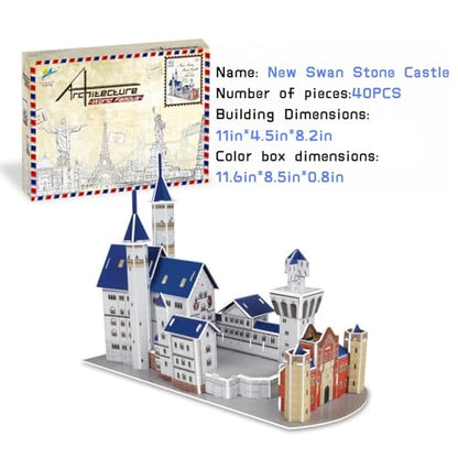 Architecture World Famous of 3D Puzzle.Build Your Own Collection of 17 Global Landmarks (Notre Dame, Colosseum) - Educational DIY Model Kit for Kids & Adults. (New Swan Stone Castle) - color: New Swan Stone Castle