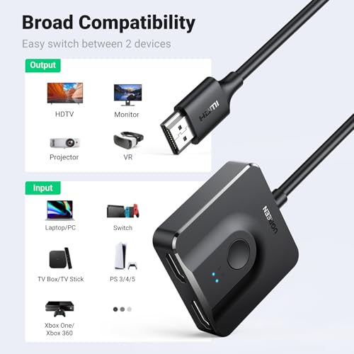 UGREEN HDMI Switch 2 in 1 Out, 4K@60Hz, with HDMI Cable, Bi-Directional | HDR, 3D, HDCP 2.2, Dolby Atmos, Dolby Vision, Compatible with PS5, Xbox, Switch/Switch 2, Roku, TV