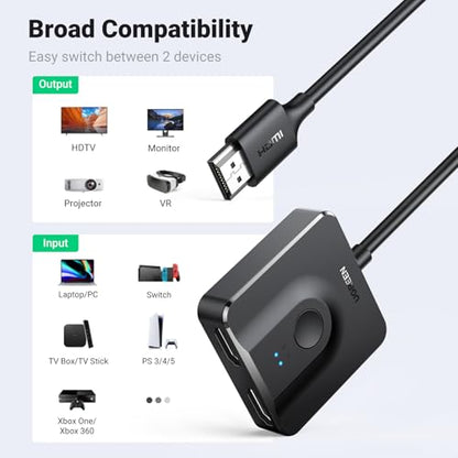 UGREEN HDMI Switch 2 in 1 Out, 4K@60Hz, with HDMI Cable, Bi-Directional | HDR, 3D, HDCP 2.2, Dolby Atmos, Dolby Vision, Compatible with PS5, Xbox, Switch/Switch 2, Roku, TV
