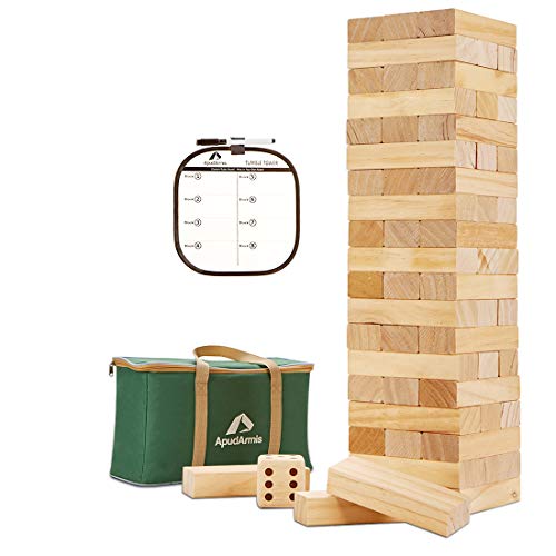 ApudArmis 60 PCS Tumble Tower, Pine Wooden Stacking Game Stacks 5FT | Safe NZ pine, smooth edges, crack-resistant. Oversized blocks with dice, scoreboard & bag. Perfect backyard BBQ family game - color: Burlywood, size: L-Stack to 5 FT