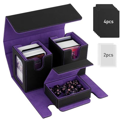 TiMOVO MTG Deck Box, Magnetic Trading Card Storage Case, Black+Purple | Holds 400+ Sleeveless Cards, 4 Dividers & Dice Tray, 2 Detachable Commander Card Deck Boxes, For Magic Game Cards - color: Black & Purple