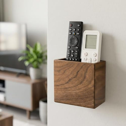 Remote Holder Hole-Free, Self-Adhesive Storage Wooden Box Small | Wall Mounted or Desk Mounted Container for Remote Phone Pencil Stationery Accessories Placement - size: Small