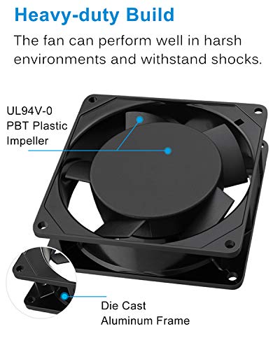 GDSTIME AXIAL 9225 Muffin Fan, 120V AC 92mm x 25mm, Dual Ball Bearing | 110V 115V, 120x120x25mm, Aluminum Frame, High Speed, for Freezer Compressor, Electronics Cabinet Cooling Ventilation Exhaust - size: 92x92x25mm