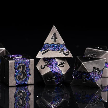 Premium Metal Dice Set for DND, 7PCS Polyhedral RPG Dice with Galaxy Glitter Inlay, Unique Metal Dice for Dungeons and Dragons Players - color: Antique Nickel Violet