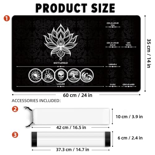 MTG Playmat with Zones – Lotus Sketch White 24x14 Card Game Mat for Magic The Gathering, Stitched Edge, Non-Slip Rubber Base with Prismatic Playmat Tube – Lotus White Zone - color: Lotus White Zone