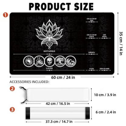 MTG Playmat with Zones – Lotus Sketch White 24x14 Card Game Mat for Magic The Gathering, Stitched Edge, Non-Slip Rubber Base with Prismatic Playmat Tube – Lotus White Zone - color: Lotus White Zone