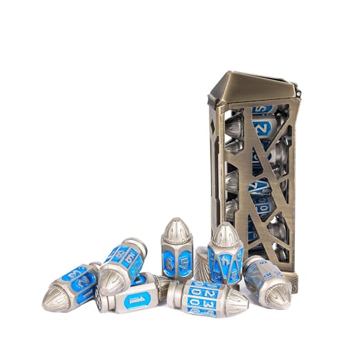 UDIXI Metal DND Bullet Dice Set, D&D Metal Bullet Polyhedral Dice Set Blue | 7PCS, Cool Style, Magazines Container and PU Leather Bag, for RPG Dungeons and Dragons Role Playing Games and Tabletop Games - color: Blue