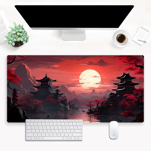 Japanese Pagoda Desk Mat, Red Sunset Large Gaming Mouse Pad 31.5x15.7 in | Aesthetic oriental red desk pad with comfortable 3mm cushion, smooth fabric top, and non-slip natural rubber core. - color: Full Moon Sakura