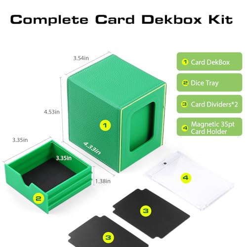 Patented MTG Commander DekBox, 100+ Double Sleeved Card Storage Box with Dice Tray, 35pt Card Holder & 2 Dividers - Magnetic Deck Case for TCG/CCG/Magic/Sports Cards, Green - color: GREEN