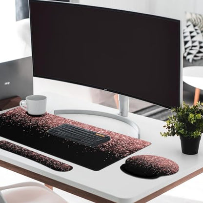 Britimes Rose Gold Pink Keyboard Mouse Pad Set Black Golden 4in1 Large Mousepad+Keyboard Wrist Rest+Mouse Wrist Rest+Coaster Ergonomic Design for Home Office Computer 35.4x15.7 inches - color: Rose Gold Pink