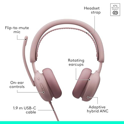 Logitech Zone Wired 2 Noise Canceling Headset with Adaptive Hybrid - Rose | Noise-canceling, USB-C connection, USB-A adapter included - color: Rose, style: Wired