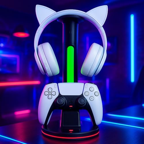 Controller Charger with 7 RGB Lighting Modes – Docking Charging Station with Fast Dual Ports & Headphone Stand (Compatible with PS5).