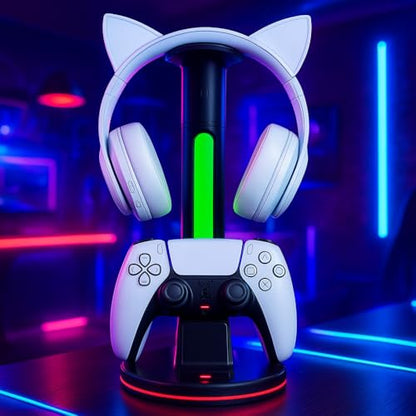 Controller Charger with 7 RGB Lighting Modes – Docking Charging Station with Fast Dual Ports & Headphone Stand (Compatible with PS5).