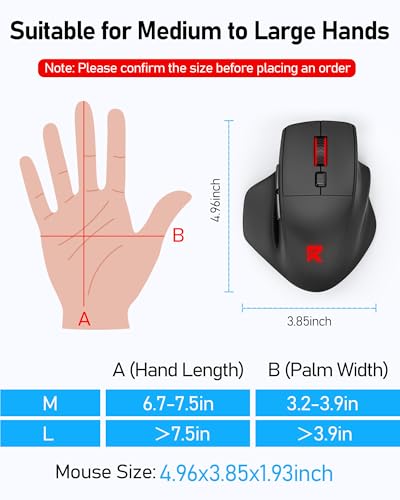 Redragon Large Wireless Gaming Mouse for Big Hands, Tri-Modes 2.4G/Bluetooth/Wired Rechargeable Ergo RGB Mouse with 2 Side Buttons, 6 Backlit Modes, Programmable Macro Gamer Mouse