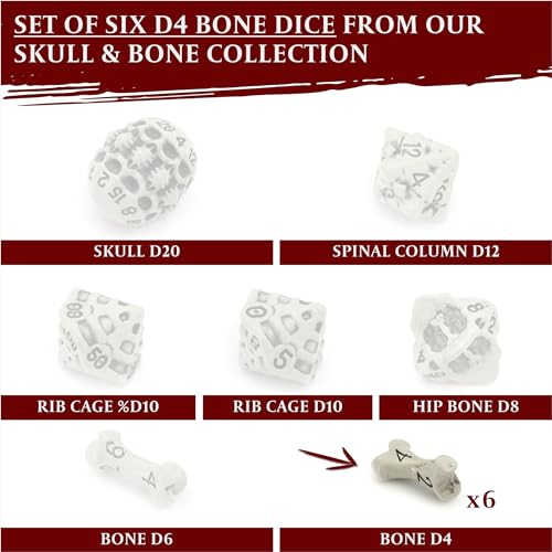 D4 Dice Set - Set of Six 4 Sided Dice - Skull & Bone Themed RPG Dice. Cool & Unique Gift and Compatible with Dungeons & Dragons (DND), D&D, Pathfinder, D and D. (Cleaned Bone White) - color: Cleaned Bone White, style: Six D4