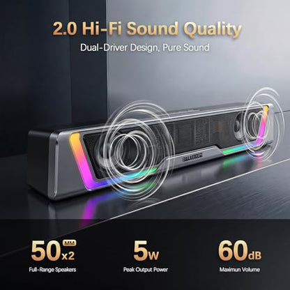 Bluedee Computer Speakers for Desktop PC, AUX Wired Computer Sound Bar | USB Powered, Plug & Play, PC Speakers for Desktop & Laptop, RGB lights, Inline-Controlled, Compact Design, Gaming Speakers