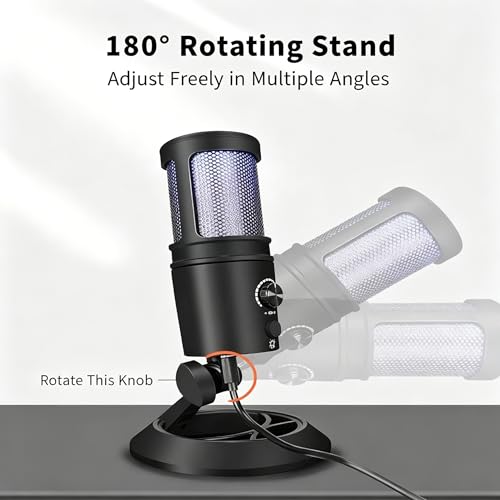 USB Gaming Condenser Microphone with RGB Light, One-Touch Mute, Volume Control, Desktop Stand, for PS4/PS5 and PC