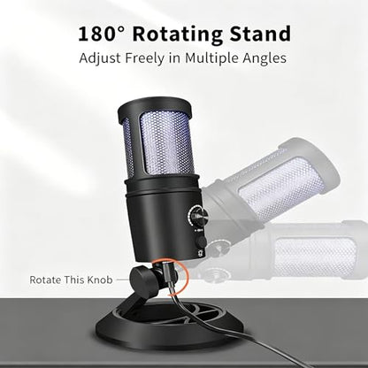 USB Gaming Condenser Microphone with RGB Light, One-Touch Mute, Volume Control, Desktop Stand, for PS4/PS5 and PC